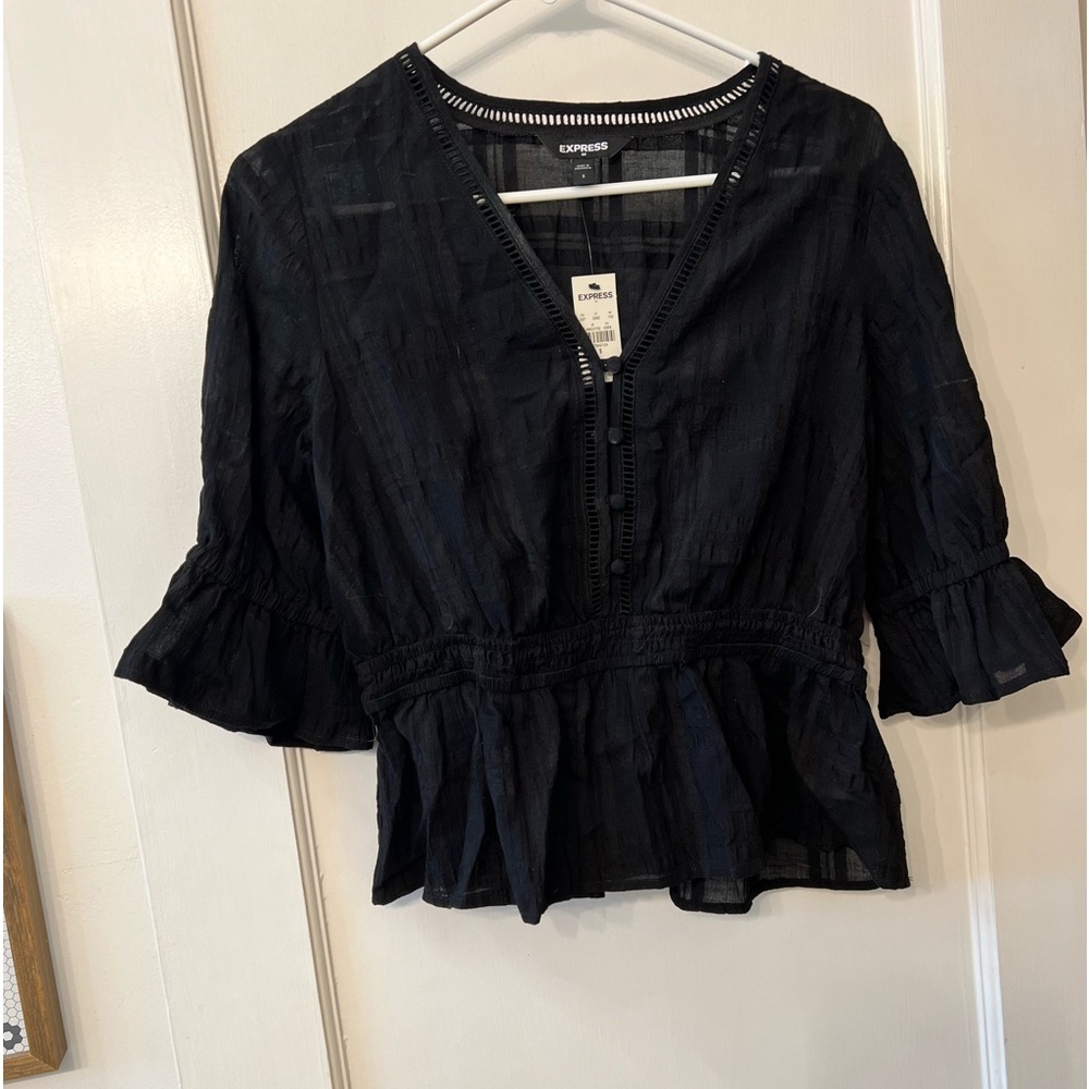 NWT Express Black Puff Sleeve Sheer  Top Cinched Waist Blouse Size Small New